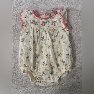 chick pea Cream Floral Baby Romper with Pink Trim